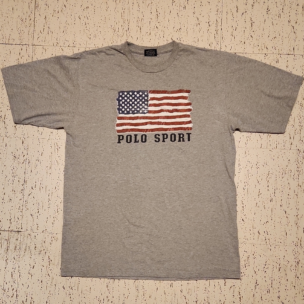 Polo Ralph Lauren Polo Sport Gray American Flag Spellout T Shirt Vintage 90s